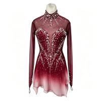 Robe de patinage artistique à col haut et manches longues, dégradé rouge vin avec strass, en tissu mesh pour compétition et spectacle sur glace (adultes et enfants)