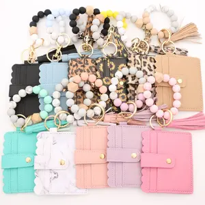 Leopard Print Silicone Bead Bracelet Card Holder Wristlet Wallet Leather Tassel Keychain with coin purse key chains wrist straps