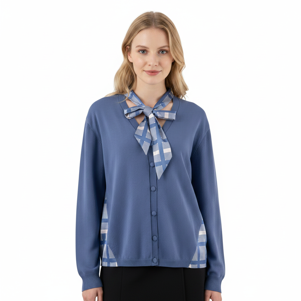 Low Moq Custom Women V Neck Knit Cardigan With Plaid Scarf Bow Detail Spliced Long Sleeve Button Women Knit Sweater