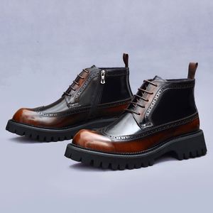 Bottes Martin pour hommes à semelles épaisses, style robuste, finition cuir brillant, style anglais, brogues tendance en cuir véritable - Product Image 5
