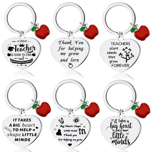 Wholesale Teacher's Day Gift Stainless Steel Custom Logo Engraved Keyring Heart Apple Pendant Teacher Keychain