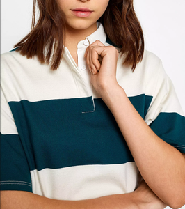 Polo da donna a righe verdi Rugby oversize in maglia traspirante tessuto pettinato maniche corte con bottone naturale - Product Image 2