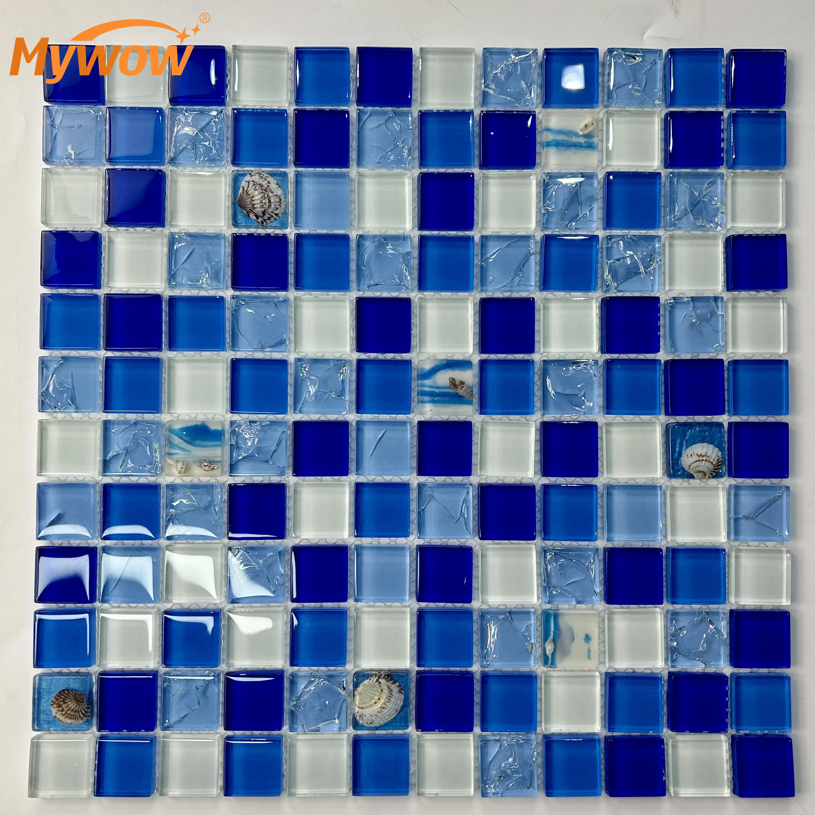 Mosaico de cristal de vidro azul de alto brilho, azulejo de mosaico decorativo para paredes de banheiro, piso de vidro