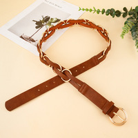 JULUN Gürtel für Damen Retro Kaffeebraun Einfarbig Handgewebter Gürtel mit Goldring-Dekor Verstellbarer Damengürtel Ceinture Femme