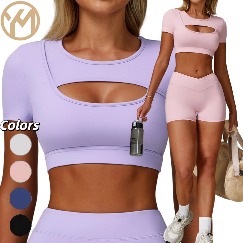 Yimo Women Gather Crop Top Workout Shirt Female Seamless Short Sleeves Yoga Top Lady High Stretch Quick Drying Running T-shirt