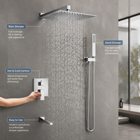 Ensemble de douche mural carré dissimulé à trois fonctions avec douchette à main et robinet chaud/froid pour salle de bain d'hôtel