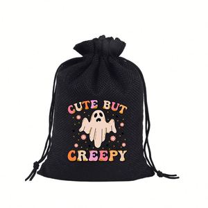 Sac en toile de jute à motif Halloween 15x20cm, sac en lin en gros, pochette à cordon en nylon, idéal pour décorations de festival, souvenirs, bonbons - Product Image 4