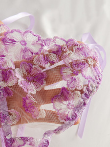 Wholesale Purple Floral Embroidery Women's Lingerie <b>Set</b> <b>Sexy</b> Sheer Lace Underwire Bra and Tie Side Thong with Bow Details - Product Image 5