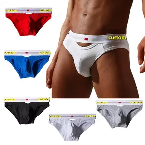 Cuecas sensuais com estampa personalizada, roupa íntima de algodão puro, costura lateral, respirável, shorts de baixo crescimento, roupa interior masculina de moda com portas