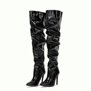 Botas por encima de la rodilla hasta el muslo para mujer, Stilettos, con cremallera, de PU, a la moda, 11 cm