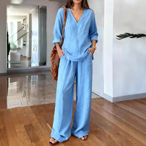 Ensemble décontracté pour femme, col en V, manches longues, pantalon, coton lavé, couleur unie, tailles S-6XL, Europe et Amérique, vente transfrontalière - Product Image 4