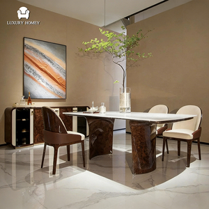 Juegos de Comedor Rectangulares de Lujo con Cubierta de Mesa de Mármol Calacatta y Sillas de Madera con Chapa de Cuero de Foshan - Product Image 1