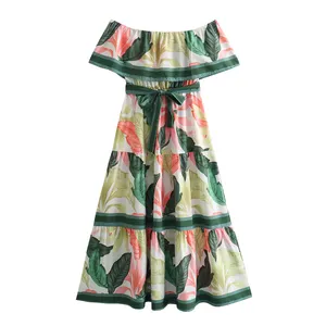 Estampado floral color verde fajas Slash cuello casual moda mujer verano MIDI vestido