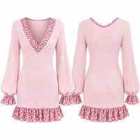 Robe pull moulante mini en maille côtelée pour femme, col en V, avec bordure contrastante léopard, manches longues bouffantes et ourlet à volants