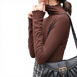 <span class=keywords><strong>Maglietta</strong></span> a Collo Alto Casual Versatile da Donna Autunno Inverno 2026, T-shirt <span class=keywords><strong>Bianca</strong></span> a Maniche Lunghe Snellente <span class=keywords><strong>con</strong></span> Bordi Arricciati - Product Image 4