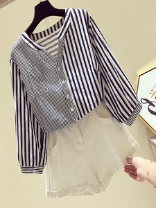 Kemeja Wanita Lengan Panjang V-neck Motif Garis-garis Longgar Modis Terbaru Grosir Butik Musim Panas - Product Image 4