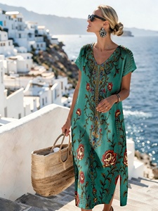 Vestido de punto floral verde esmeralda para mujer, vestido midi de verano con cuello en V y manga corta, malla pointelle, 100% poliéster, estampado, ropa de resort - Product Image 4