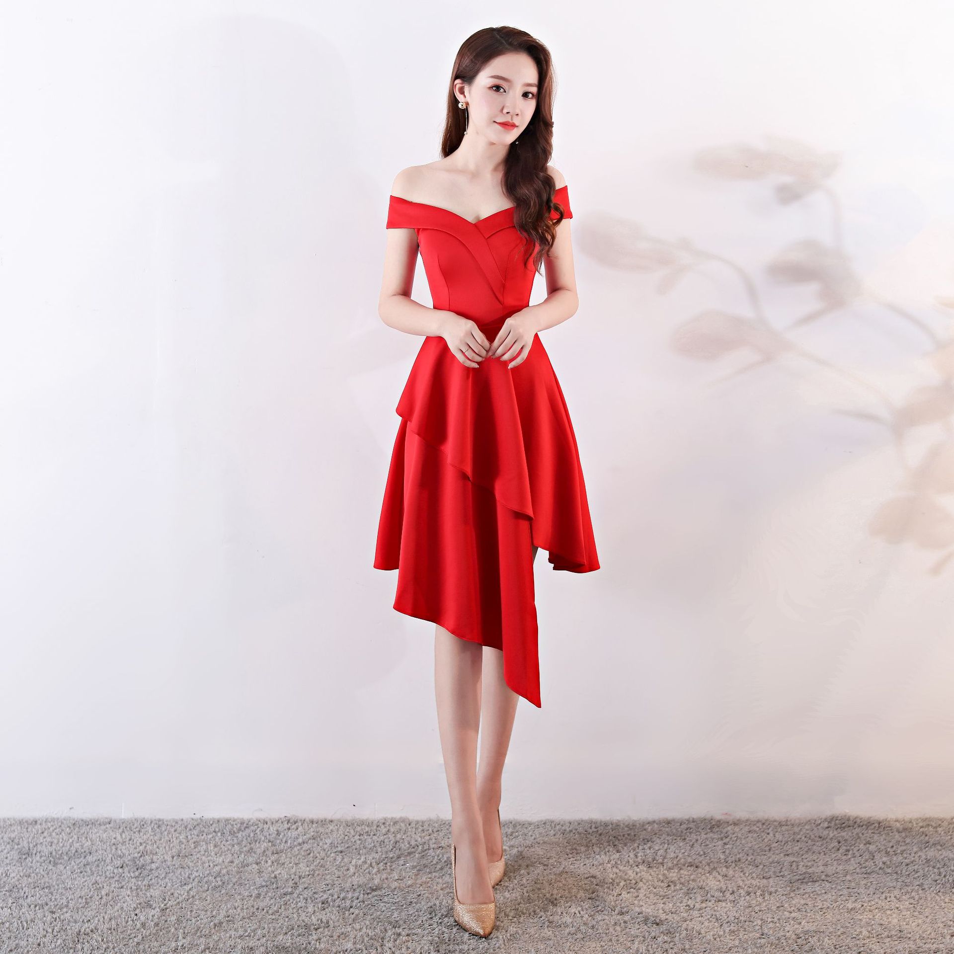 Evening Dress New Short Winter Dress Women's Fashionable Off-Shoulder Front  Short Back Long Annual Meeting Jumpsuit| Alibaba.com