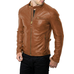 Veste moto en cuir véritable pour homme, coupe ajustée, col montant, fermeture éclair, style automne - Product Image 1