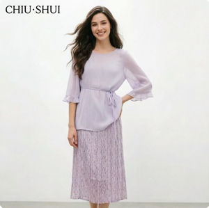 CHIU SHUI Elegant Designer Two-Piece Maxi Dress Set: Chic Pleated Slip Dress and <strong>Flowy</strong> <strong>Top</strong> - Product Image 3