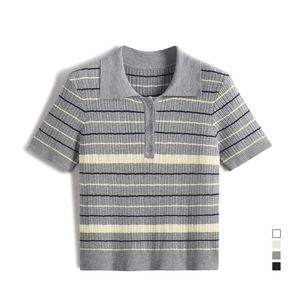 Dalang T-shirt d'été à revers en soie de glace pour femmes, tricoté à manches courtes coupe ample avec col <span class=keywords><strong>polo</strong></span> décontracté Sty - Product Image 6