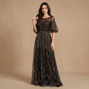 Elegante Vestido de Noche Negro con Lentejuelas, Encaje y Mangas Abullonadas Transparentes, Vestido Largo para Banquete, Fiesta, Boutique, Ocasión Formal - Product Image 1