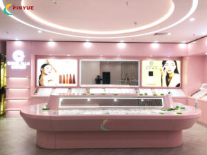 <span class=keywords><strong>Kiosque</strong></span> pop-up de beauté personnalisé avec bar à maquillage et éclairage LED - Comptoir de présentation de cosmétiques pour l'activation de marque en centre commercial avec roues - Product Image 3