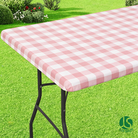 Nappe ajustée imperméable en PEVA avec dos en flanelle, motif à carreaux vichy rose et blanc, pour buffet et traiteur, personnalisable en gros