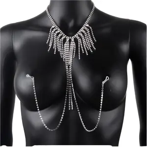 Shiny Crystal Tassel Nipple Chain Lingerie Body Jewelry Sexy Rhinestone Choker Bra Chain Harness Wedding Party Gift Engagement