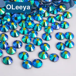 Oleeya Good Quality Glass Hot Fix Rhinestone Emerald Gold Germany Glued on Strass for Bows T-Shirt Dresses Clothes Bags