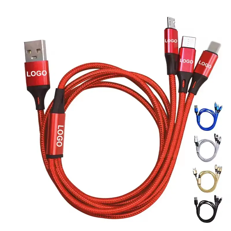 Kabel Data pengisian daya 3 In 1, kabel Usb mikro Tipe C, kawat cepat 2,4 A kepang nilon kualitas tinggi