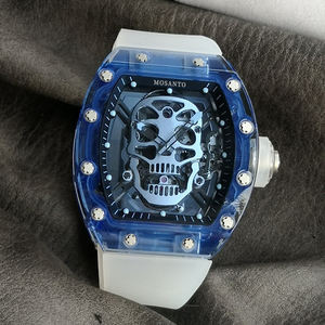 Reloj Mecánico de Esqueleto para Hombre - Caja Transparente Azul, Correa Blanca, Diseño de Tourbillon de Lujo, Reloj Deportivo - RM052 - Product Image 2