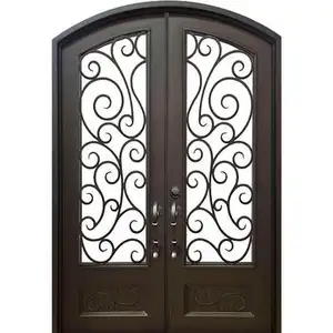 Villa Project Classical Large Black Metal Square Exterior Double Tempered Glass Wrought Iron Entrance Door