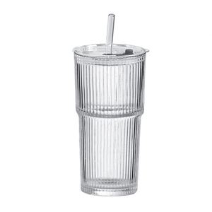 Vaso de vidrio transparente de 600 ml con rayas para café, con tapa y pajita, taza de desayuno, vaso de vidrio, las mejores opciones, logotipo personalizable, para leche, venta al por mayor - Product Image 3