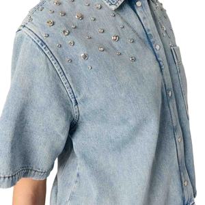 Nuevo Conjunto de Mujer de Alta Calidad: Camisa Vaquera con Botones y Top con Pedrería, Minishorts con Pedrería en Línea A, Lavado Desgastado - Product Image 5