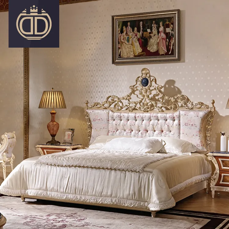 De Oro de cuero exclusivo de madera blanco elegante tallado muebles de estilo francés antiguo cama