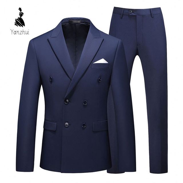 YZ Plus Size Solid Color Hollow Out Double Breasted 2 Piece Suit for Men Loose Formal Outfit for Oversized