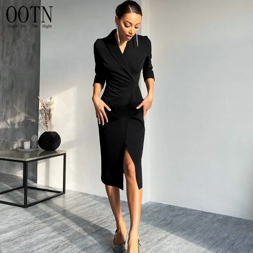 Ootn 2023 Herfst Fahion Vrouwen Jurk Lange Mouw Sexy V-Hals Whit Kleur Casual Jurk Vrouwen Office Lady Front Cross Slim Feest Dr