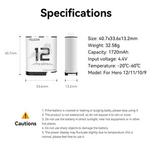 Batterie au lithium à charge rapide Telesin High Performance Rechargeable Stamina pour batterie d'appareils <span class=keywords><strong>photo</strong></span> 9/10/11/12 - Product Image 6