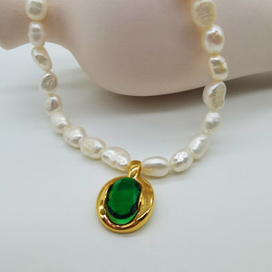 Ins naturale irregolare perla d'acqua dolce catena clavicola all'ingrosso retrò smeraldo perline collana donne - Product Image 4