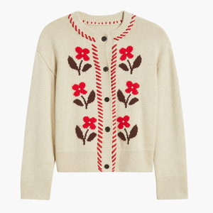 <span class=keywords><strong>Cardigan</strong></span> Oversize in Maglia con Ricamo Floreale Crema e Dettagli Rossi, Manica Lunga, Produzione ODM e OEM Wisrise - Product Image 6