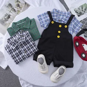 2022 Summer Infant Kids Clothes Sets Short Sleeve Children Outfits Striped Turn Down Collar Shirt Suspender 2 Pcs Boys Wear