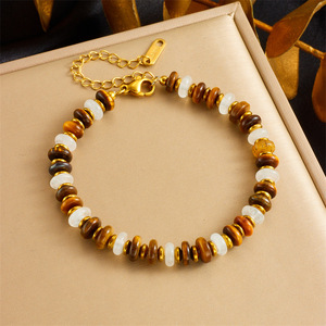 European American Retro Tiger Eye Resin Beaded Stainless Steel Chain Necklace <b>Bracelet</b> <b>Set</b> Women's Fashion Jewelry - Product Image 3