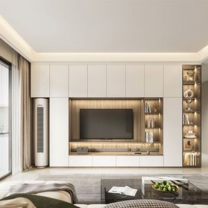 Meuble TV mural en bois de style ancien avec panneau en contreplaqué, rangement pour téléviseurs et ordinateurs, convient aux téléviseurs de 65 pouces et plus, meubles de salon - Product Image 4