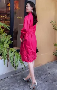 Abito da donna di alta qualità 2024 abiti primavera estate da donna lussuoso ricamo tunica con bottone manica lunga abito bianco rosa rossa - Product Image 6