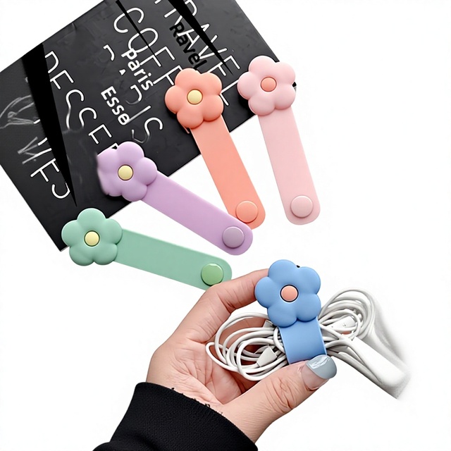 Japan-Korea Creative BE HAPPY Design Snap-On Earphone Cable Organizer PVC Winder with Cute Cartoon