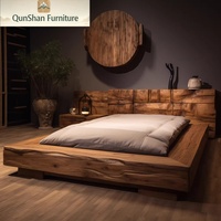 Lit plateforme extensible en bois massif chinois sculpté à la main, style Wabi-Sabi Mid-Century Modern, taille double, mobilier de chambre luxueux