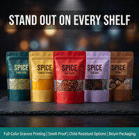 Sachets d'emballage personnalisés imprimés avec fenêtre transparente, en plastique alimentaire réutilisable, de 100g et 250g, pour épices, assaisonnements, chili et ail