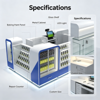 Kiosque mobile de réparation de téléphones personnalisé, bleu et blanc, avec étagères de présentation en verre multicouche, comptoir de caisse POS intégré et éclairage LED