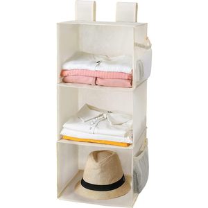 3-Shelf Hanging Closet Organizer Beige Foldable Non-Woven Fabric Clothing <b>Storage</b> For Bedroom Camper Nursery Hook Type - Product Image 4